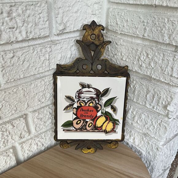 VTG Cast Iron Ceramic Tile Footed Trivet PEACHES in Brandy Rustic MCM Farmhouse - Picture 9 of 13